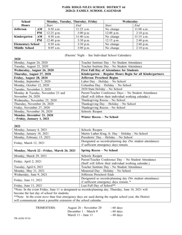 Park Ridge-Niles School District 64 2020-21 Family School Calendar