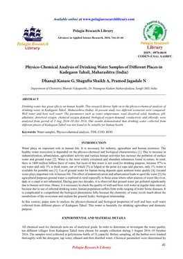 Physico-Chemical Analysis of Drinking Water Samples of Different Places in Kadegaon Tahsil, Maharashtra (India)