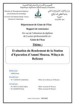 Evaluation Du Rendement De La Station D'epuration D'ammi Moussa