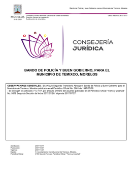Bando De Policía Y Buen Gobierno, Para El Municipio De Temixco, Morelos