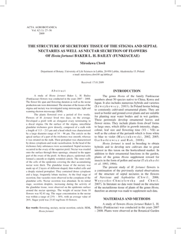 THE STRUCTURE of SECRETORY TISSUE of the STIGMA and SEPTAL NECTARIES AS WELL AS NECTAR SECRETION of FLOWERS of Hosta Fortunei BAKER L