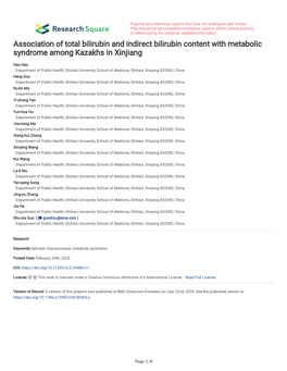 Association of Total Bilirubin and Indirect Bilirubin Content with Metabolic Syndrome Among Kazakhs in Xinjiang