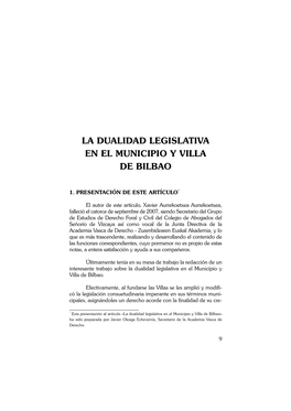 La Dualidad Legislativa En El Municipio Y Villa De Bilbao