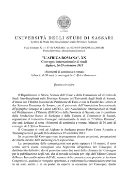 UNIVERSITÀ DEGLI STUDI DI SASSARI Centro Di Studi Interdisciplinari Sulle Province Romane