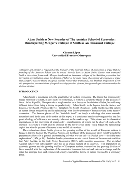 Adam Smith As New Founder of the Austrian School of Economics: Reinterpreting Menger's Critique of Smith As an Immanent Critiqu