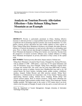 Analysis on Tourism Poverty Alleviation Effection—Take Sichuan Xiling Snow Mountain As an Example