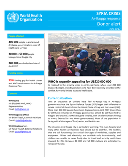 SYRIA CRISIS Ar-Raqqa Response Donor Alert July 2017