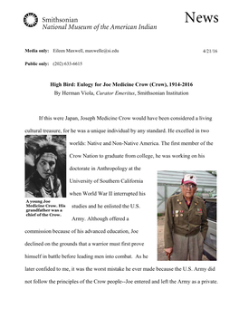 High Bird: Eulogy for Joe Medicine Crow (Crow), 1914-2016 by Herman Viola, Curator Emeritus, Smithsonian Institution