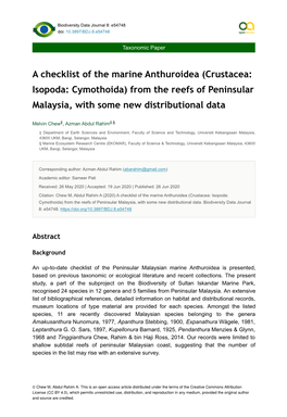 (Crustacea: Isopoda: Cymothoida) from the Reefs of Peninsular Malaysia, with Some New Distributional Data