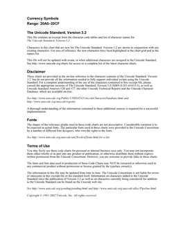 Currency Symbols Range: 20A0–20CF the Unicode Standard