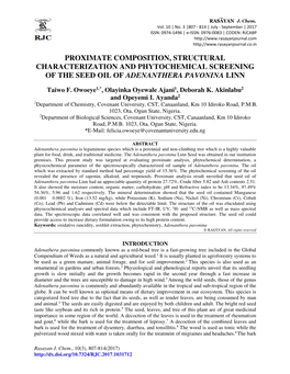 Proximate Composition, Structural Characterization and Phytochemical Screening of the Seed Oil of Adenanthera Pavonina Linn