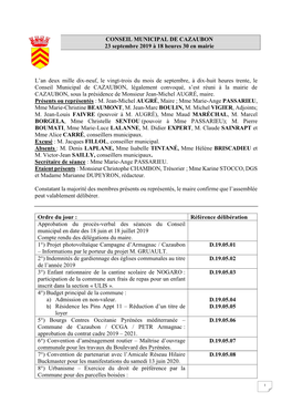 CONSEIL MUNICIPAL DE CAZAUBON 23 Septembre 2019 À 18 Heures 30 En Mairie