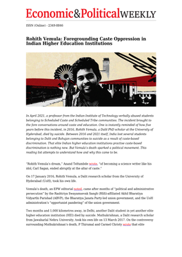 Rohith Vemula: Foregrounding Caste Oppression in Indian Higher Education Institutions