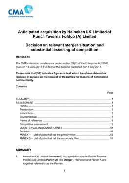 Anticipated Acquisition by Heineken UK Limited of Punch Taverns Holdco (A) Limited