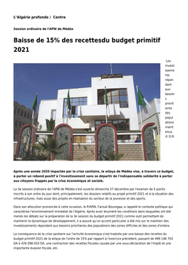 Baisse De 15% Des Recettesdu Budget Primitif 2021