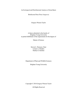 An Ecological and Distributional Analysis of Great Basin Bristlecone Pine (Pinus Longaeva)