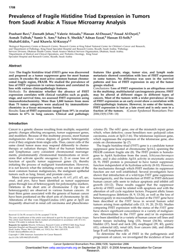 Prevalence of Fragile Histidine Triad Expression in Tumors from Saudi Arabia: a Tissue Microarray Analysis