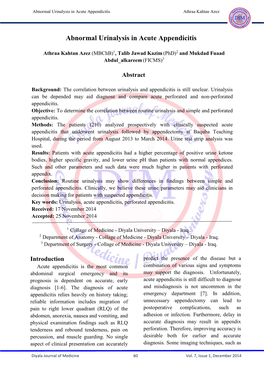 Abnormal Urinalysis in Acute Appendicitis Athraa Kahtan Azez
