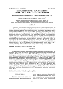 Rentabilitas Usaha Bawang Goreng Pada Cv. Duta Agro Lestari Di Kota Palu