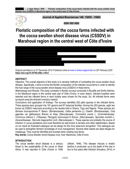 Floristic Composition of the Cocoa Farms Infected with the Cocoa Swollen Shoot Disease Virus (CSSDV) in Marahoué Region in the Central West of Côte D'ivoire
