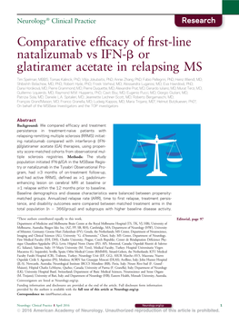 Comparative Efficacy of First-Line Natalizumab Vs IFN-Β Or Glatiramer Acetate in Relapsing MS Tim Spelman, Tomas Kalincik, Vilija Jokubaitis, Et Al