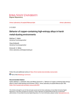 Behavior of Copper‐Containing High‐Entropy Alloys in Harsh Metal‐Dusting Environments