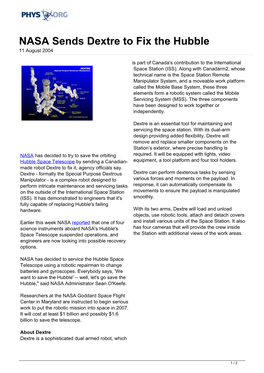 NASA Sends Dextre to Fix the Hubble 11 August 2004