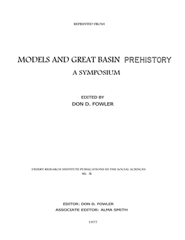 Models and Great Basin Prehistory a Symposium