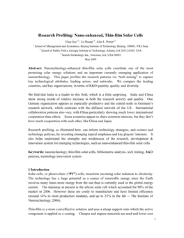 Nano-Enhanced, Thin-Film Solar Cells Ying Guo 1,2 , Lu Huang 1,2 , Alan L