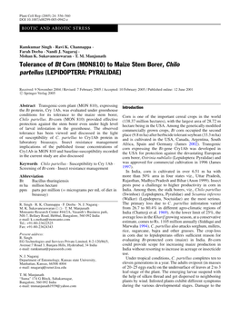 Tolerance of Bt Corn (MON810) to Maize Stem Borer, Chilo Partellus (LEPIDOPTERA: PYRALIDAE)