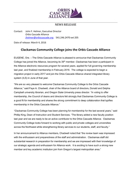 Clackamas Community College Joins the Orbis Cascade Alliance