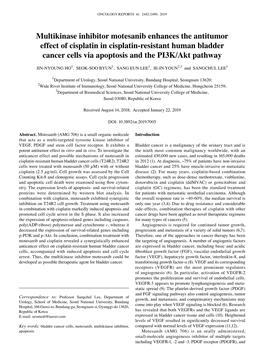 Multikinase Inhibitor Motesanib Enhances the Antitumor Effect of Cisplatin in Cisplatin‑Resistant Human Bladder Cancer Cells Via Apoptosis and the PI3K/Akt Pathway