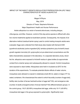 Impact of the Insect Growth Regulator Pyriproxyfen on Life Table