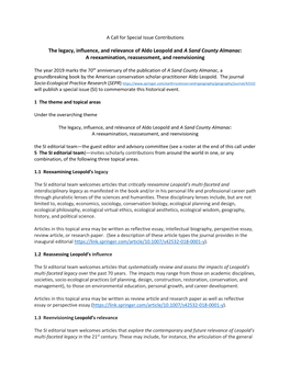 The Legacy, Influence, and Relevance of Aldo Leopold and a Sand County Almanac: a Reexamination, Reassessment, and Reenvisioning