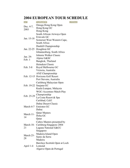 2004 European Tour Schedule