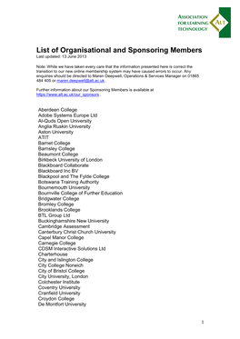 List of Organisational and Sponsoring Members 20130612