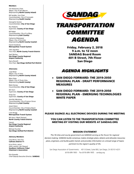 AGENDA David Arambula Metropolitan Transit System Friday, February 2, 2018 John Aguilera Vice Chair, North County Transit District 9 A.M