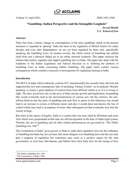 “Gambling: Indian Perspective and the Intangible Loophole”; Javvad