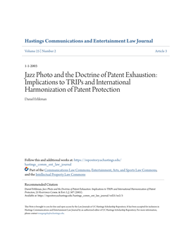 Jazz Photo and the Doctrine of Patent Exhaustion: Implications to Trips and International Harmonization of Patent Protection Daniel Erlikman