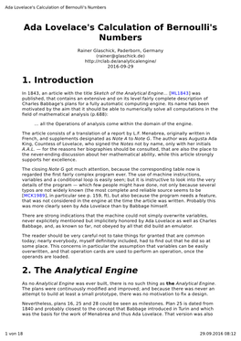 Ada Lovelace's Calculation of Bernoulli's Numbers 1. Introduction