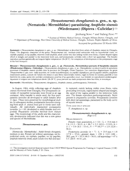 Thraustomermis Chengduensis N. Gen., N. Sp. (Nematoda : Mermithidae)