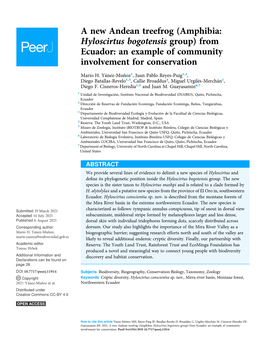 Amphibia: Hyloscirtus Bogotensis Group) from Ecuador: an Example of Community Involvement for Conservation