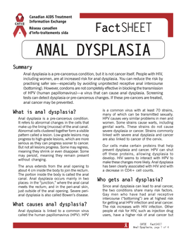 ANAL DYSPLASIA Summary Anal Dysplasia Is a Pre-Cancerous Condition, but It Is Not Cancer Itself