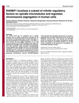 RANBP1 Localizes a Subset of Mitotic Regulatory Factors on Spindle Microtubules and Regulates Chromosome Segregation in Human Cells