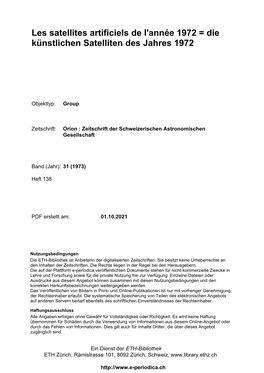 Les Satellites Artificiels De L'année 1972 = Die Künstlichen Satelliten Des Jahres 1972
