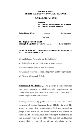 ORDER SHEET in the HIGH COURT of SINDH, KARACHI C.P No.D