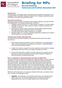 Briefing for Mps Second Reading Technical and Further Education Bill