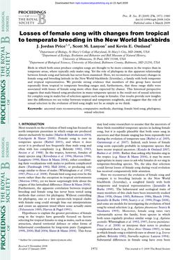 Losses of Female Song with Changes from Tropical to Temperate Breeding in the New World Blackbirds J