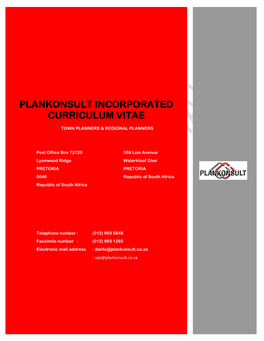 Plankonsult Incorporated Curriculum Vitae Town Planners & Regional Planners
