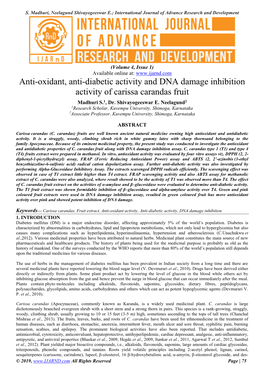 Anti-Oxidant, Anti-Diabetic Activity and DNA Damage Inhibition Activity of Carissa Carandas Fruit Madhuri S.1, Dr